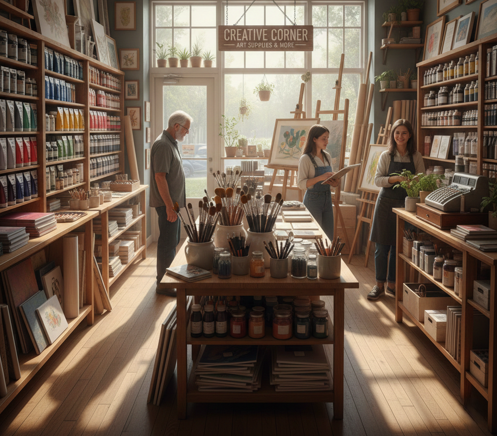 A cozy Art Shop interior with paintings, brushes, and creative supplies on wooden shelves.