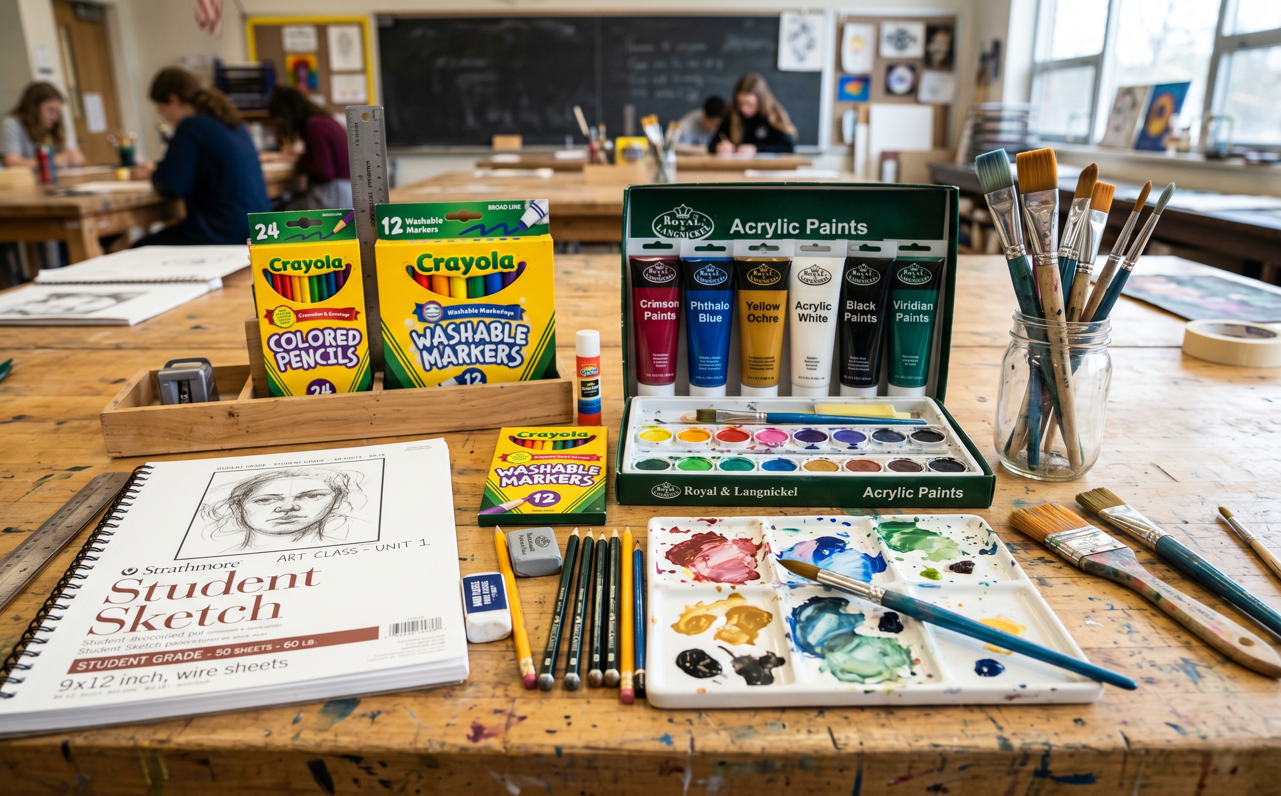 Art Supplies neatly arranged on a classroom table with paints, brushes, and sketchbooks