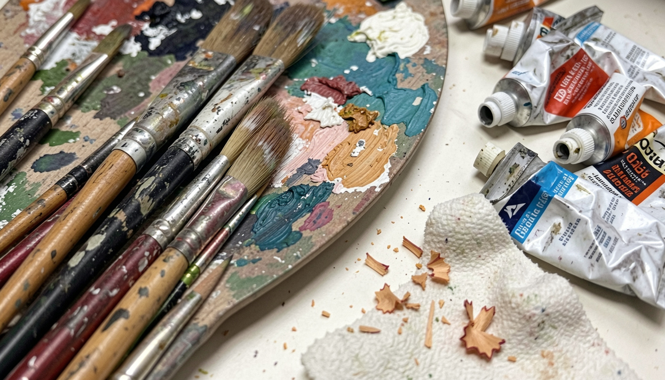 Best art supplies with paint brushes, oil paints, and artist palette used for professional painting and artwork.