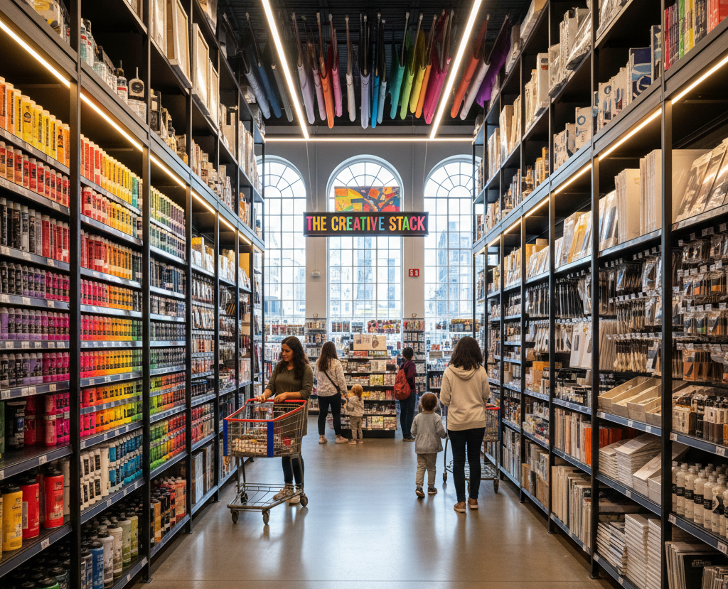 Customers browsing paints, tools, and materials inside an art superstore