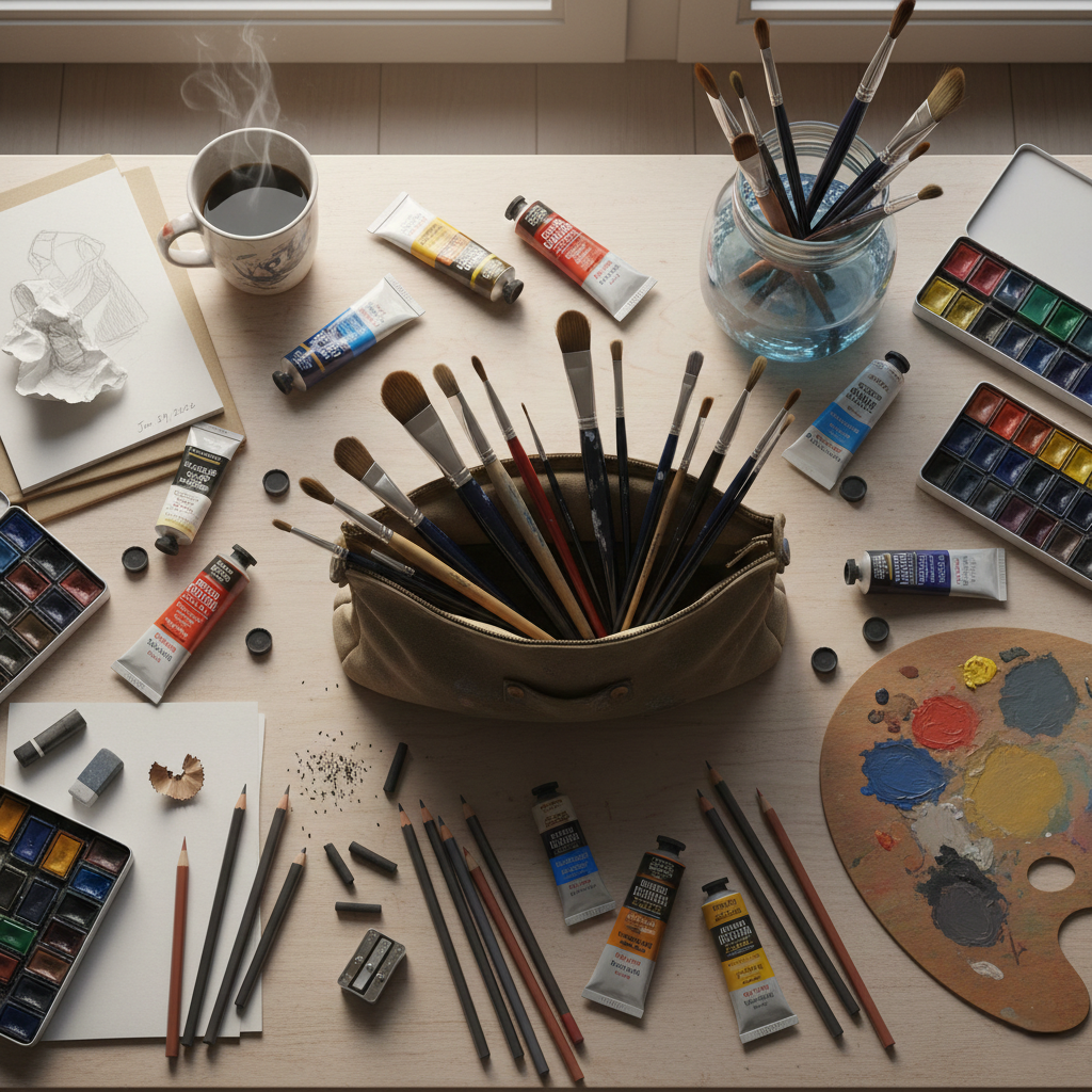 Craft store Kochi workspace with art supplies, paint brushes, and materials for artists.