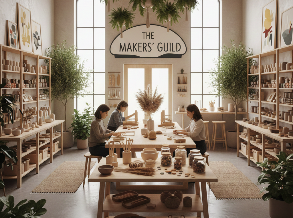 A bright, minimalist craft store called "The Makers' Guild" featuring high ceilings, light wood shelving, and people working at a large central table.