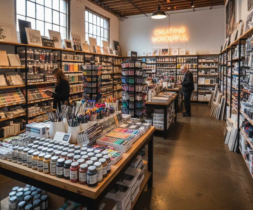 Interior of an arts and supplies store with paints, tools, and creative materials