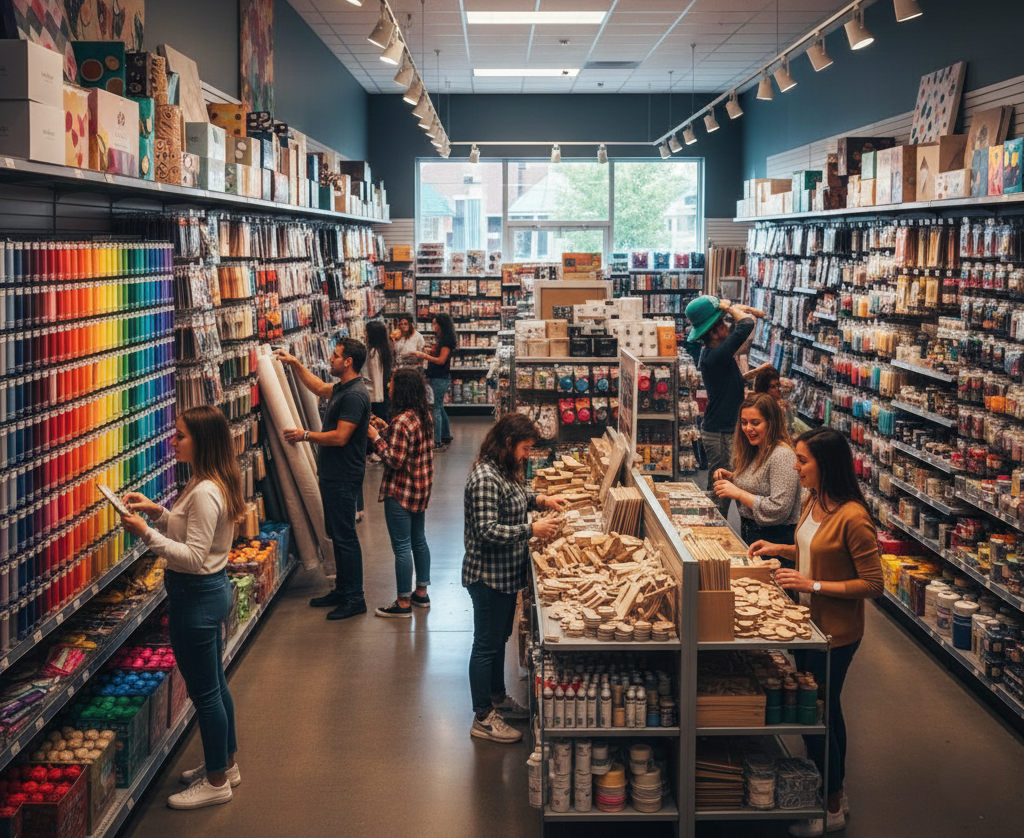 Shoppers exploring colorful supplies inside a busy arts and crafts store