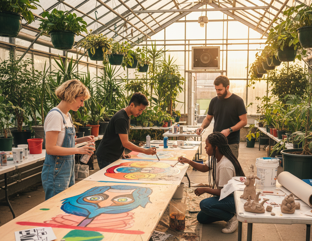 Team painting large art crafts projects in a greenhouse workspace.