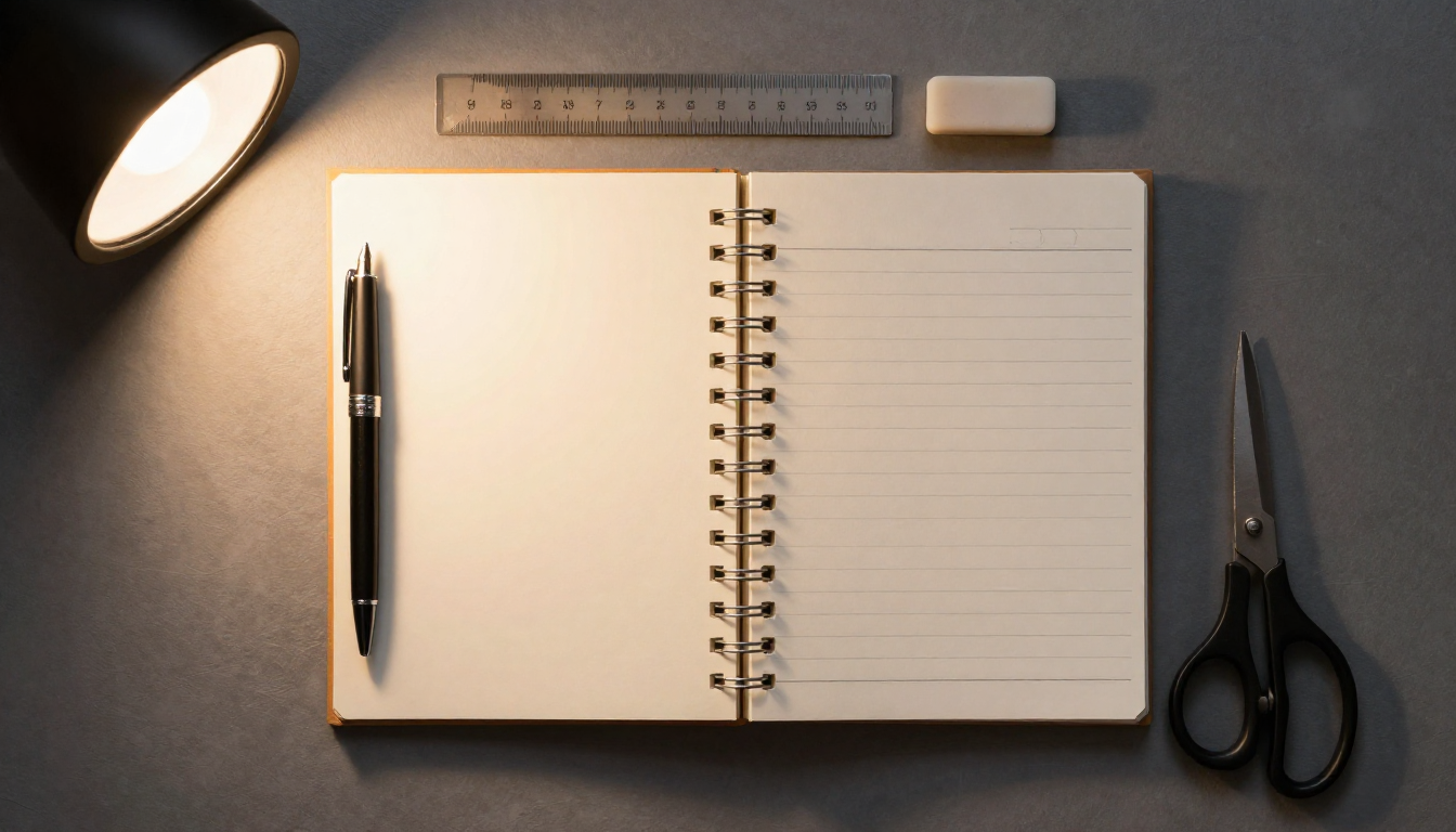Warm-lit desk setup with notebook, pen, ruler, and scissors as Stationery Essentials