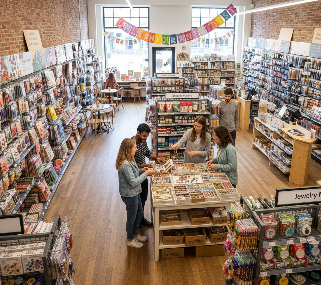 Wide view of an arts and crafts shopping store with customers browsing supplies