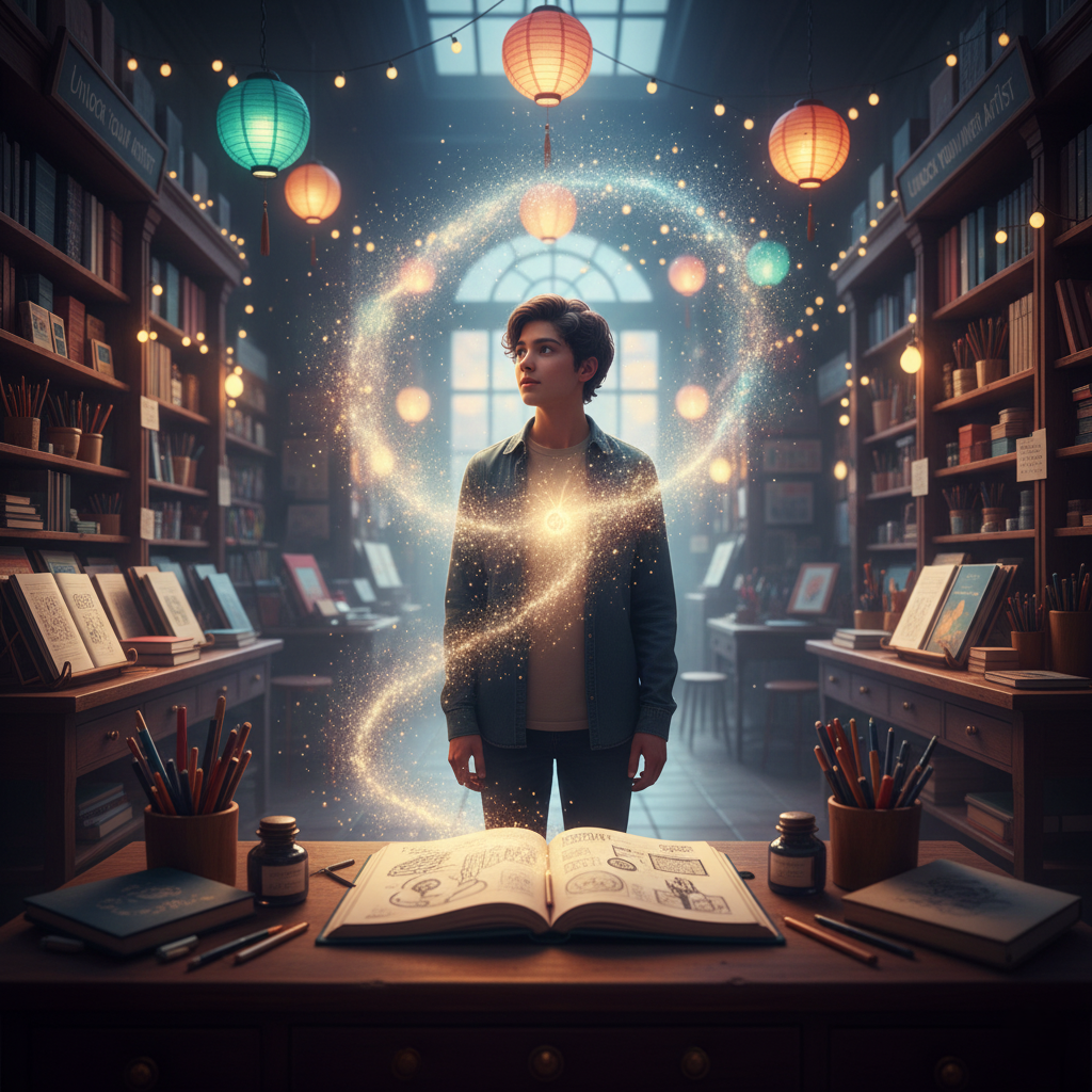 Young artist inspired by books and tools inside a warmly lit arts and supplies store
