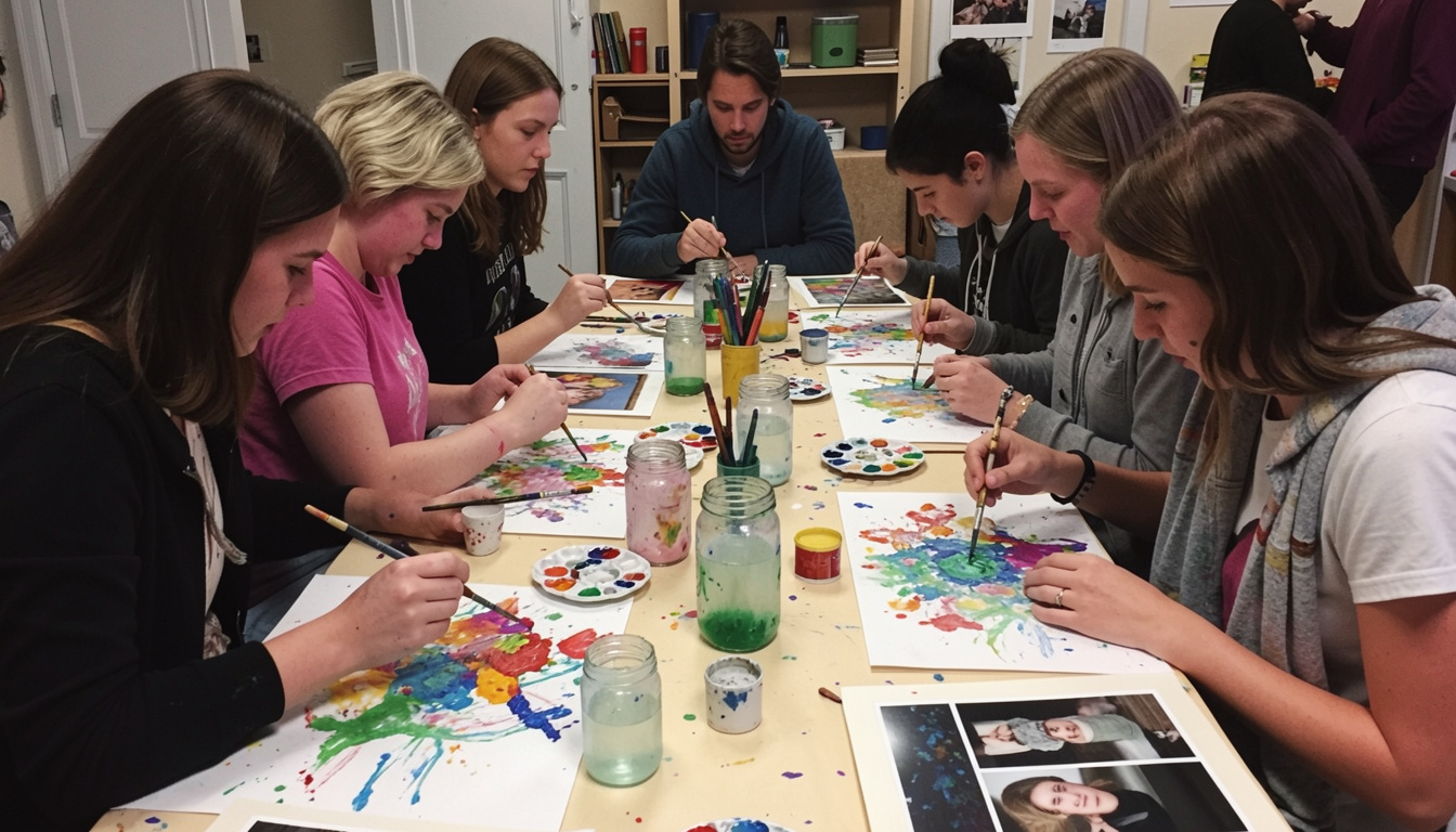 Art as Therapy group painting session for relaxation and emotional expression