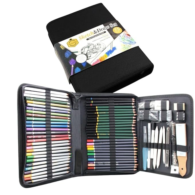 Artnery 75-Piece Sketch Kit | Graphite, Charcoal & Metallic Pencils