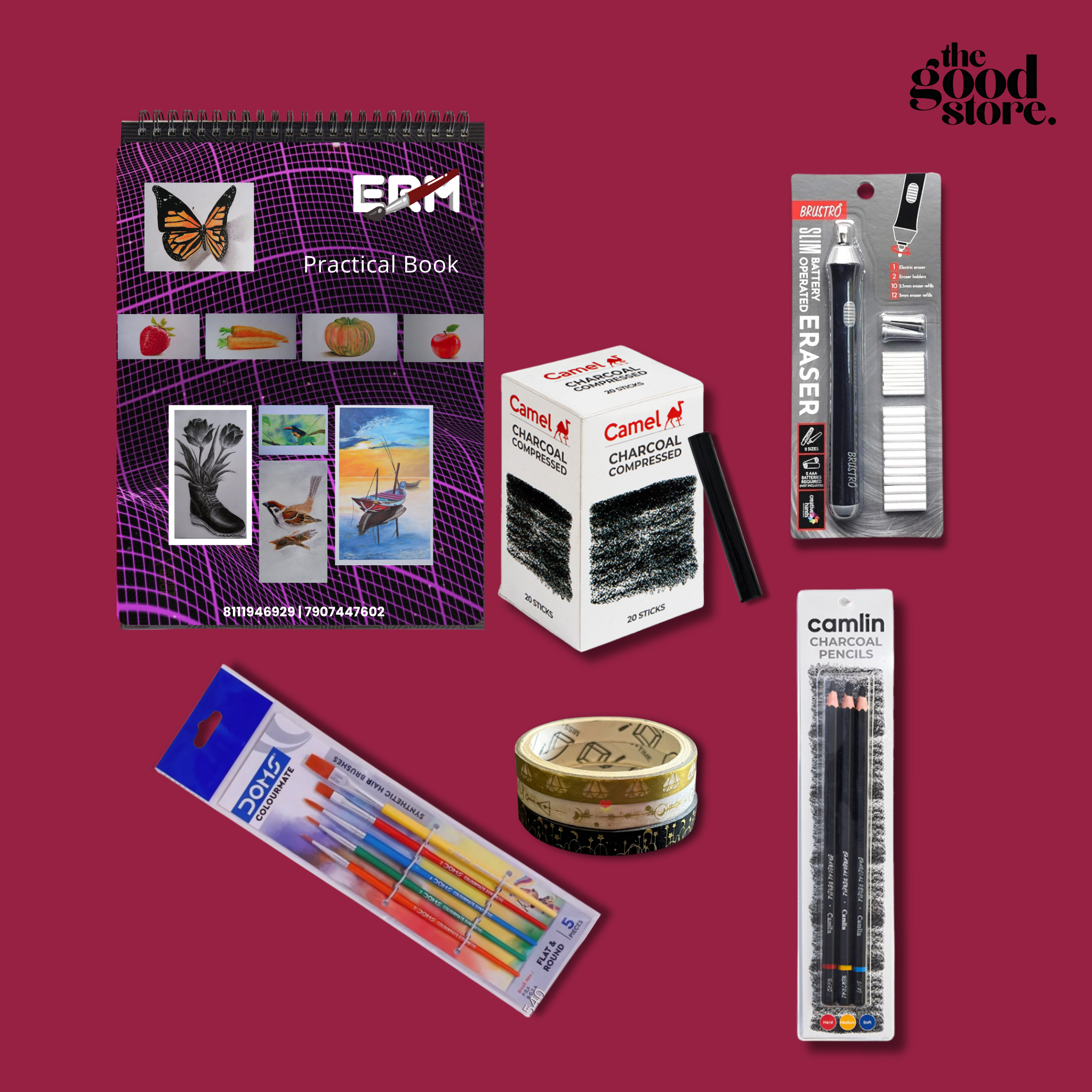 Charcoal Art Kit / DOMS Colourmate Brushes / Compressed Charcoal / Camlin Charcoal Pencils / Washi Tape/ Electric Eraser