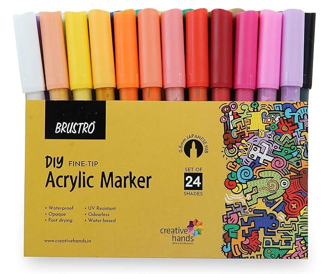 Brustro Acrylic DIY Fine Tip Marker Set of 24 | Multi-Surface Paint Markers for Art & Craft