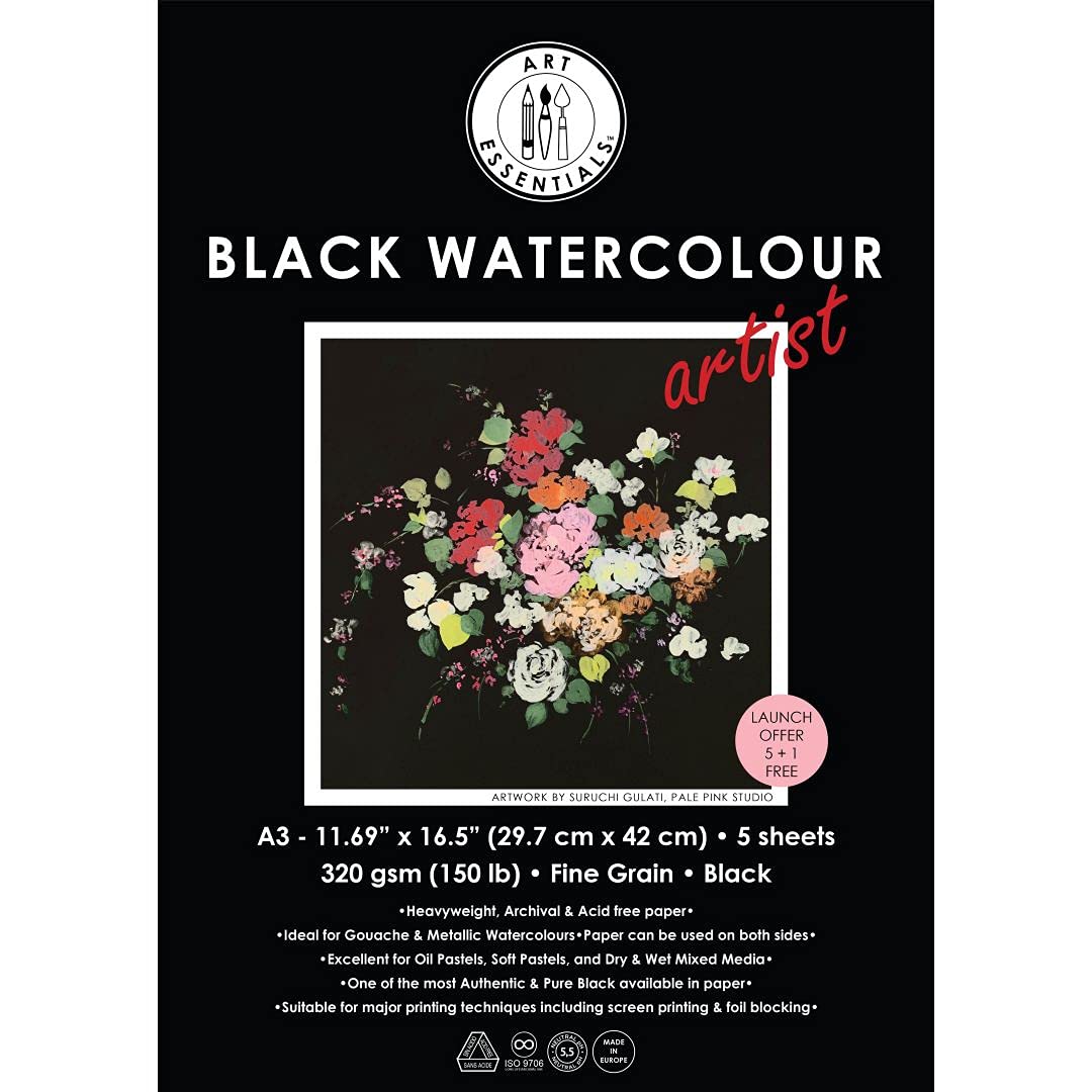 Art Essentials Black Watercolour Paper A5 — deep black textured sheets for watercolour and mixed media