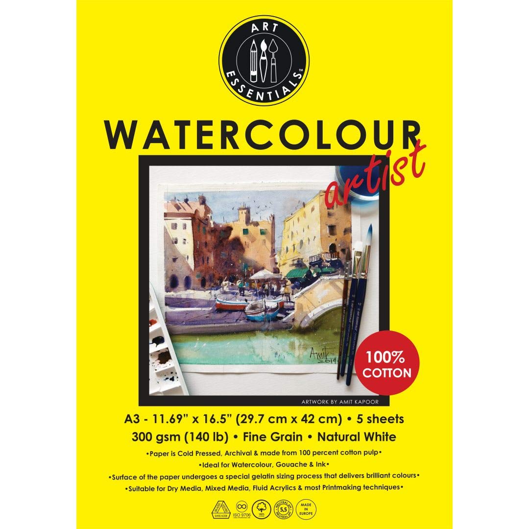 Art Essentials Watercolour Paper A5 premium textured sheets for watercolour and mixed media painting