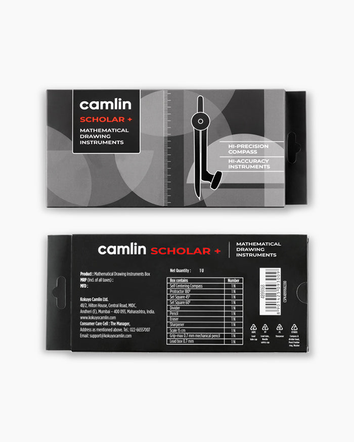 Camlin Scholar+ Geometry Box with compass, ruler, protractor, and set squares for students and exam use