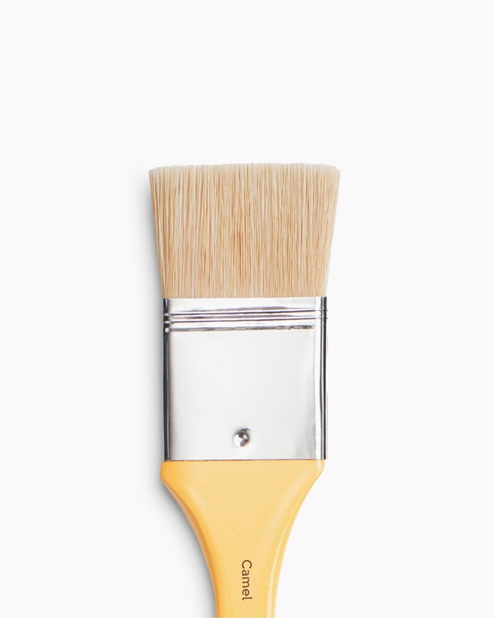 Close-up of strong white bristles on Camel 5.0 cm wash brush for smooth, even coverage