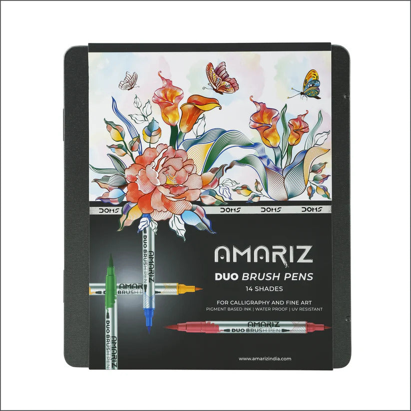 DOMS Amariz Duo Brush Pens – 14 shades in metal tin