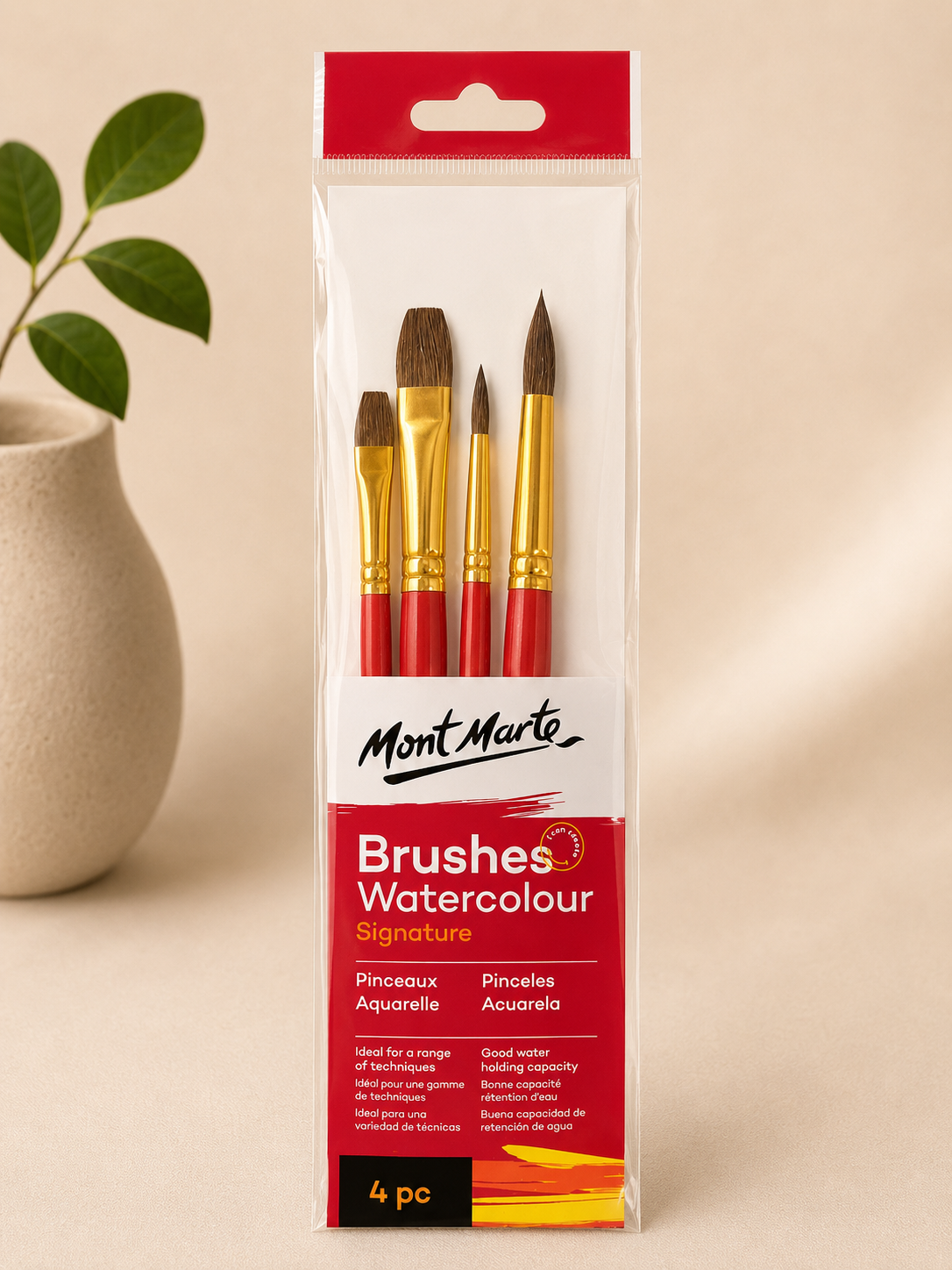 MONT MARTE water colour brushes flat and round 4PCS set for watercolor painting and art projects