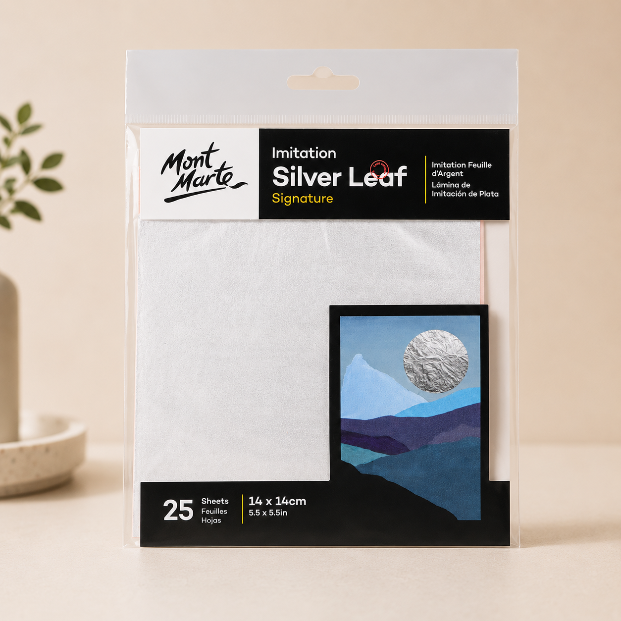 Mont Marte silver leaf sheets pack with 25 metallic sheets sized 14x14cm
