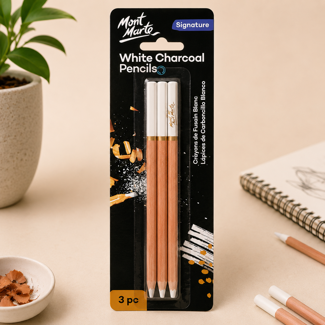 Mont Marte white charcoal pencils 3 piece set for drawing and highlights