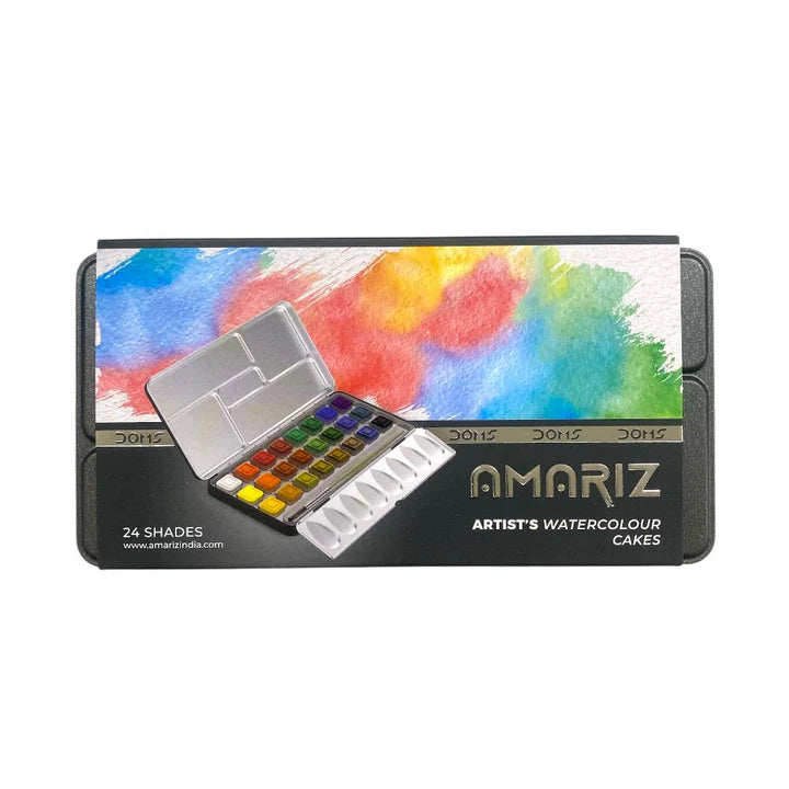 DOMS Amariz Artists Water Colour Cakes set with 24 bright shades and free brush for students and professional artists