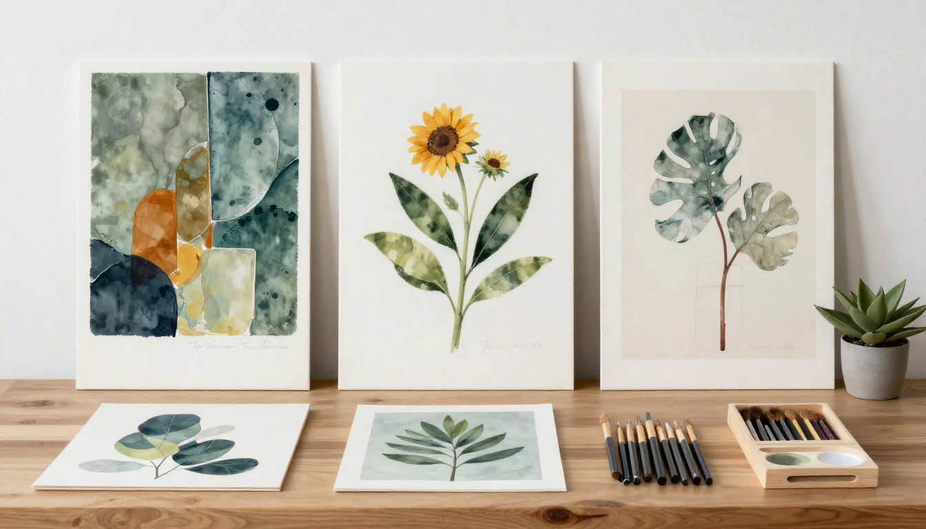 Art Studio Kit with watercolor paintings and brushes on wooden table