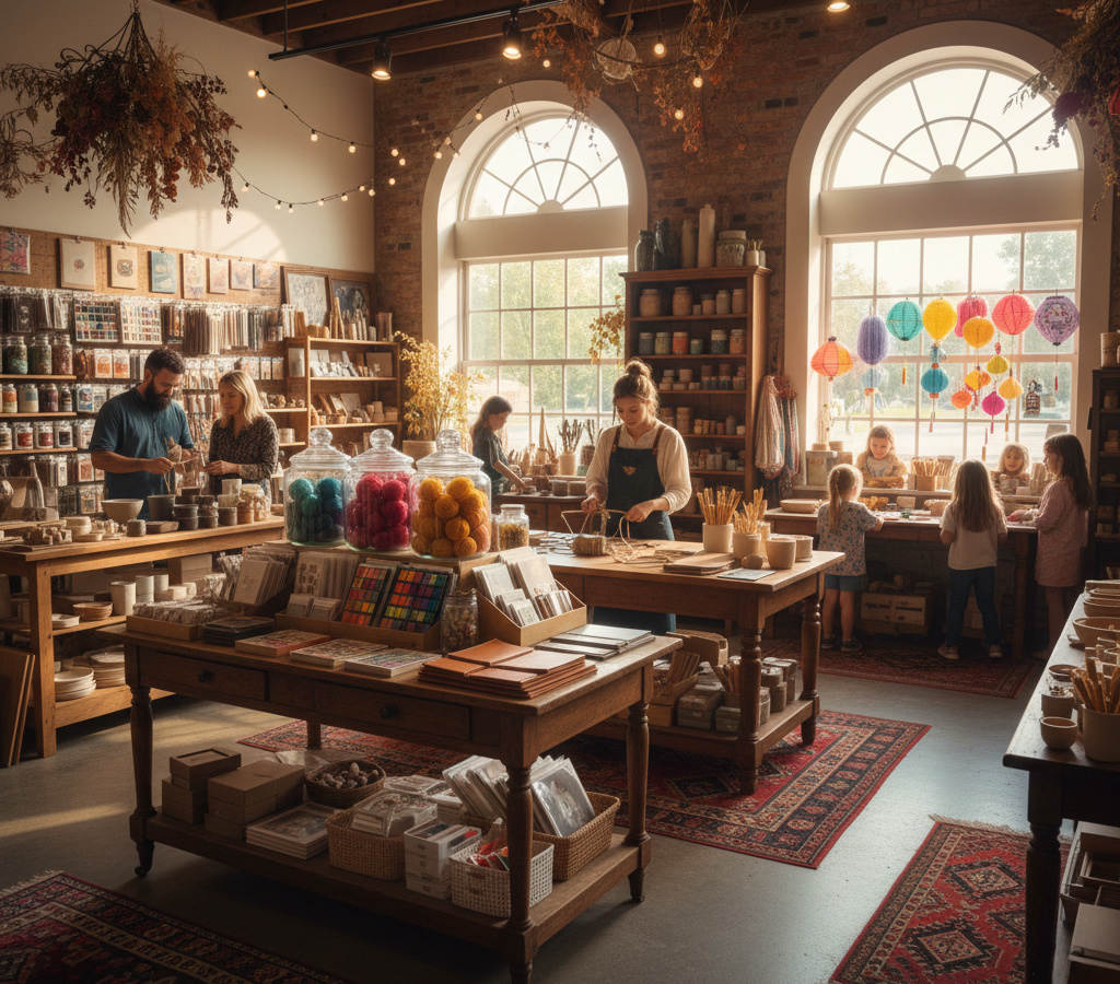 Arts and crafts store workspace featuring handmade tools and materials