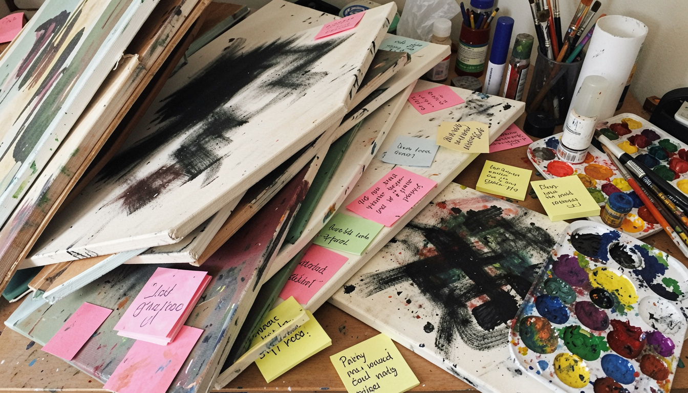 Messy desk creativity with stacked canvases, paint palette, and colorful sticky notes