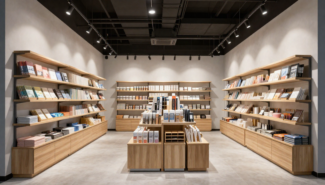 Minimalist Arts and Supplies Store showcasing sketchbooks, stationery, and art materials on wooden shelves