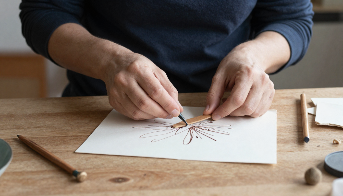 Person sketching a flower design for a DIY Crafts project on paper with a pencil.