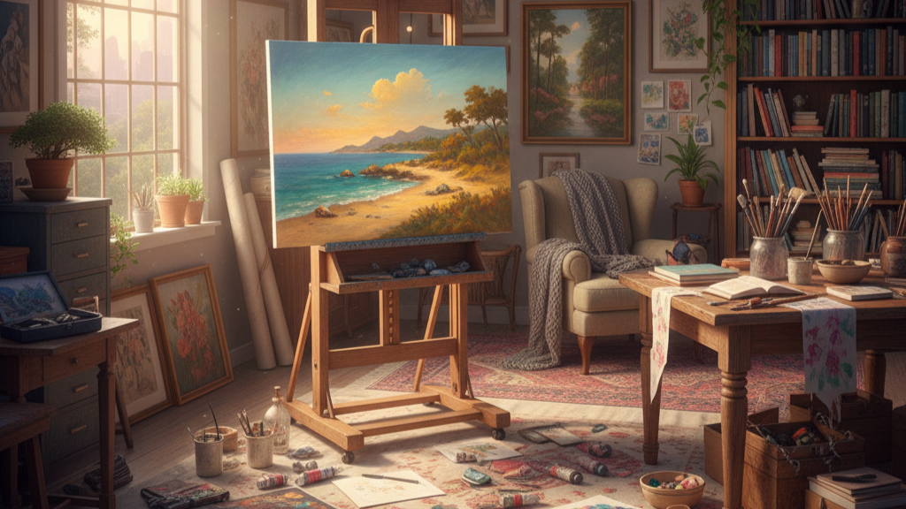 Sunlit artist studio with a landscape painting on an easel, surrounded by traditional art supplies, brushes, canvases, and framed artwork.