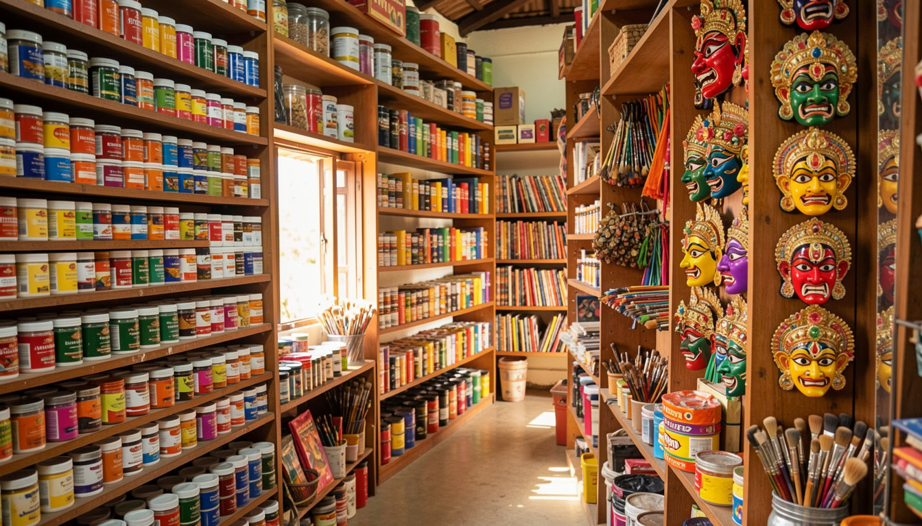 Traditional stationery shop in Kerala with acrylic paints and Kathakali masks