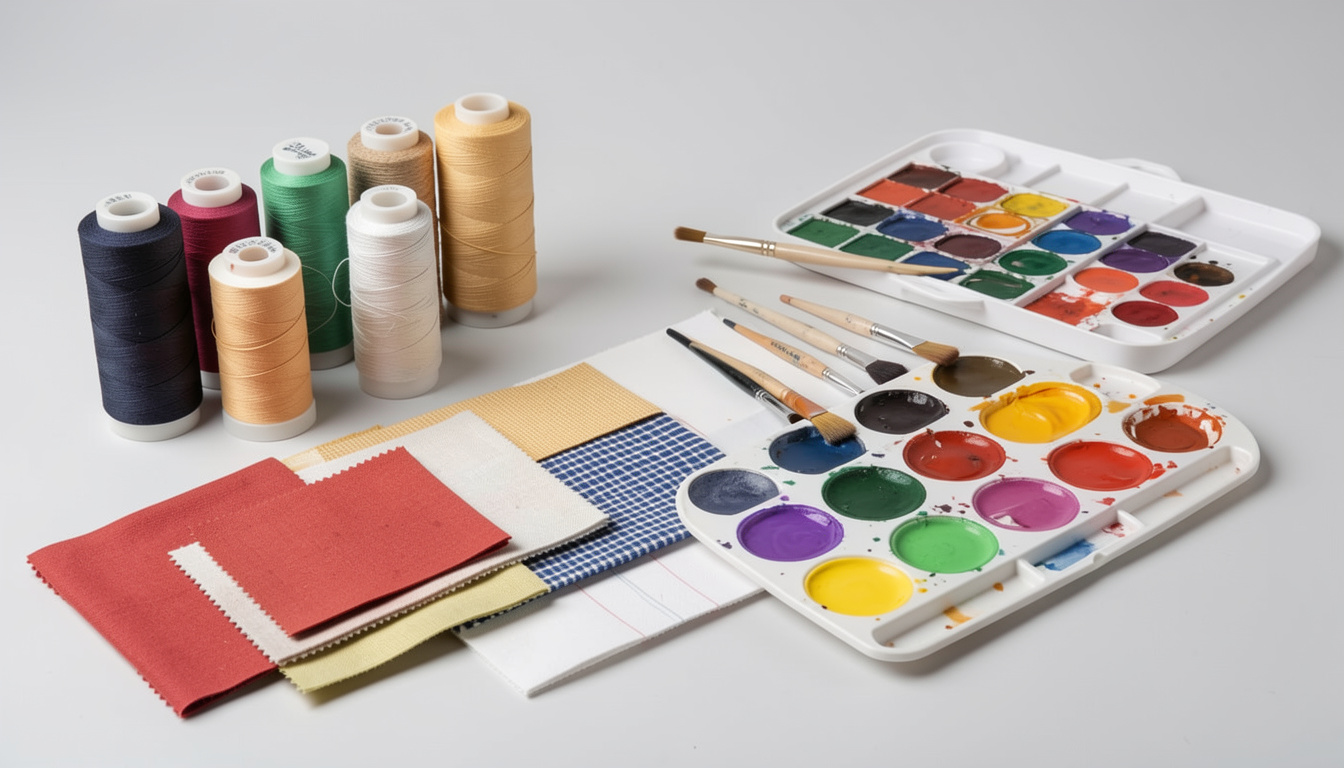 Studio display of art supplies and craft materials featuring watercolor palettes, paint brushes, colorful threads, and fabric swatches.