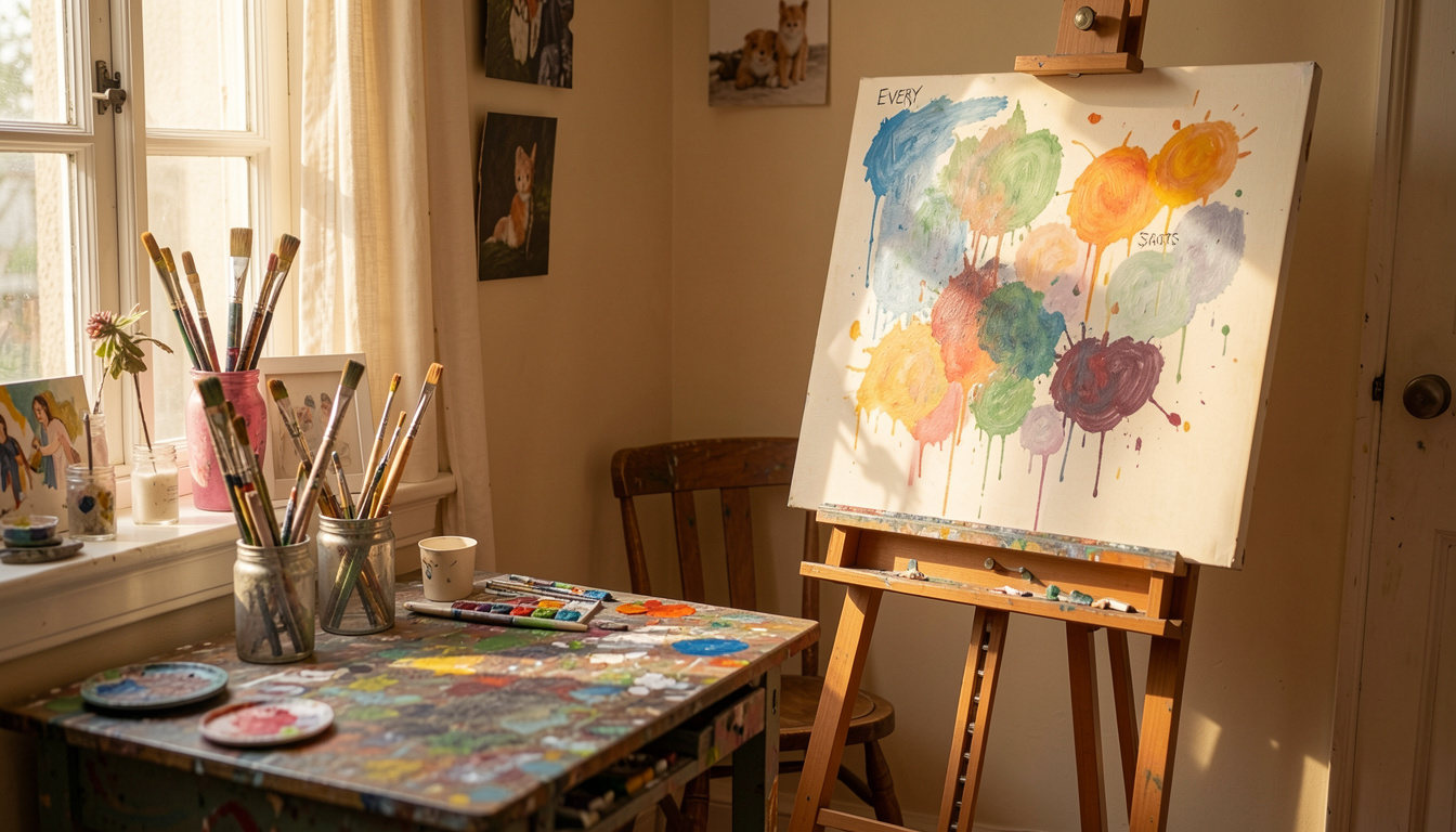 beginner painting setup with colorful canvas and art tools