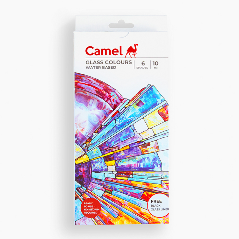 Camel Glass Colours Assorted pack of 6 shades in 10 ml with Liner, Water based