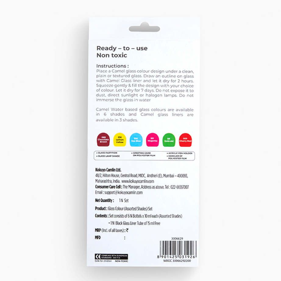 Camel Glass Colours Assorted pack of 6 shades in 10 ml with Liner, Water based