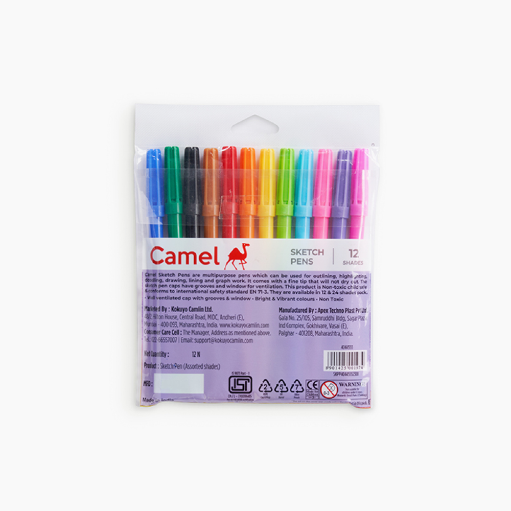 Camel Sketch Pens Assorted pack of 12 shades, Full size
