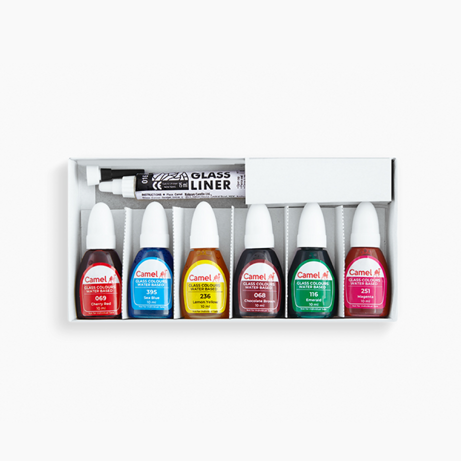 Camel Glass Colours Assorted pack of 6 shades in 10 ml with Liner, Water based