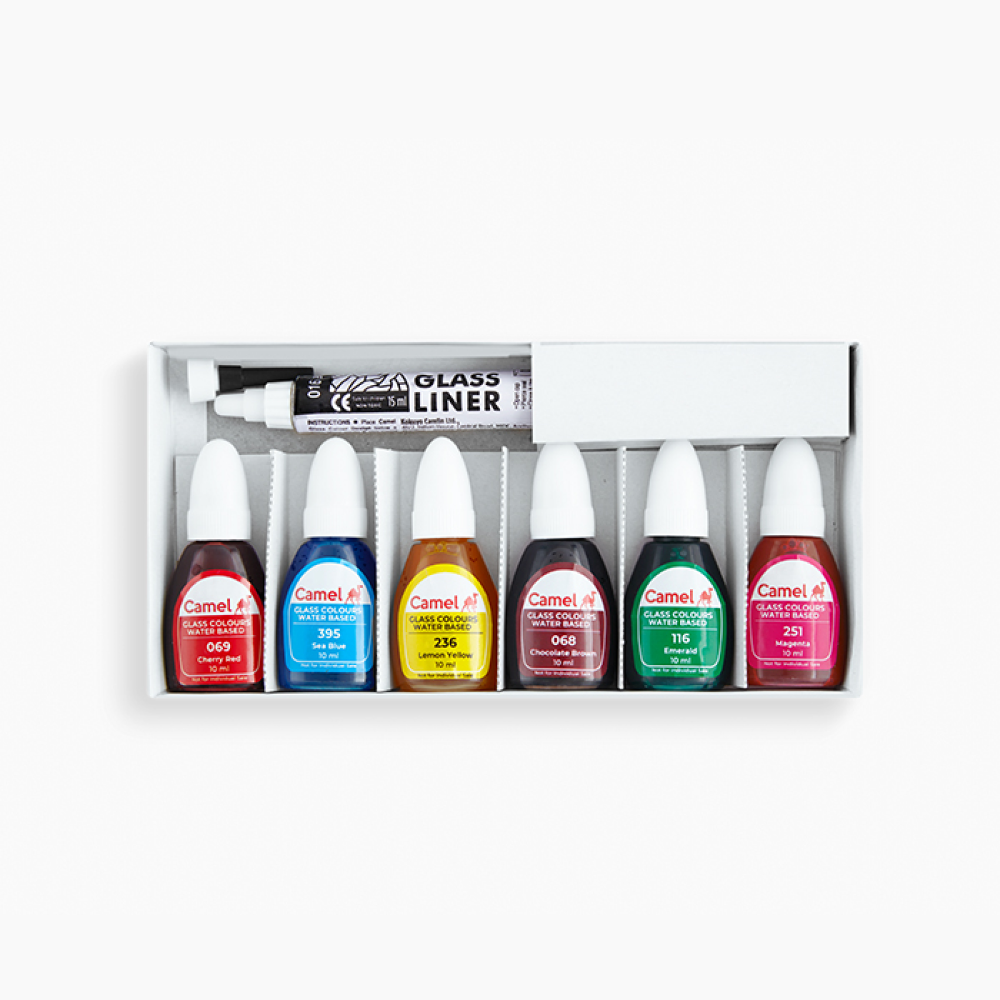 Camel Glass Colours Assorted pack of 6 shades in 10 ml with Liner, Water based