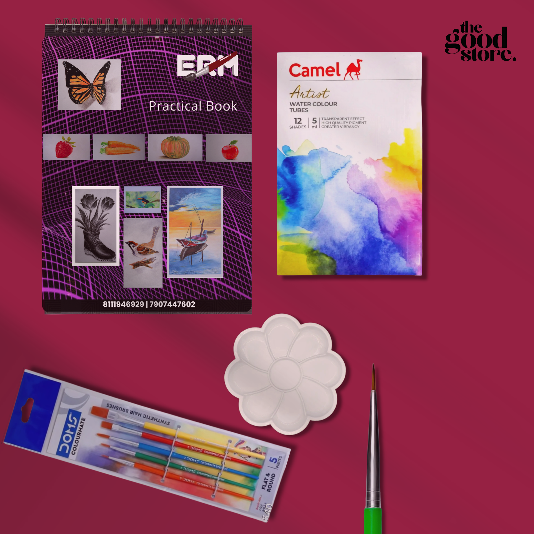 water Colouring Kit / Watercolor Book A3 / Camel Artist Watercolor Tubes (12 Shades, 9ml )  / Camel Champ Brushes /  DOMS Colourmate Brushes / Colour Mixing Palette