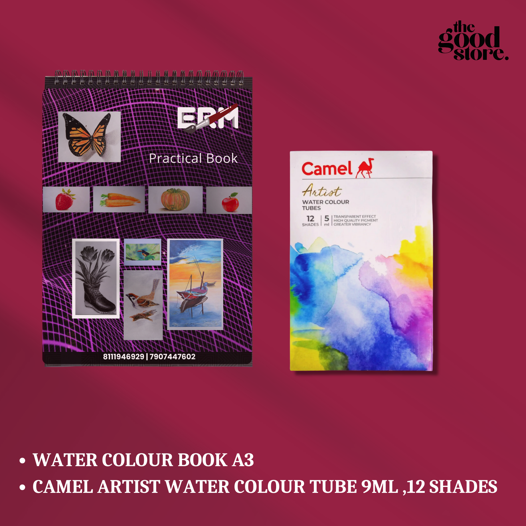water Colouring Kit / Watercolor Book A3 / Camel Artist Watercolor Tubes (12 Shades, 9ml )  / Camel Champ Brushes /  DOMS Colourmate Brushes / Colour Mixing Palette