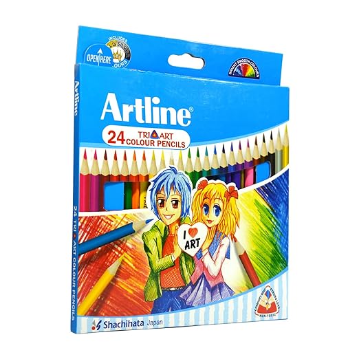 Top view of ARTLINE Tri Grip colored pencil pack – 24 bright shades for art and school use