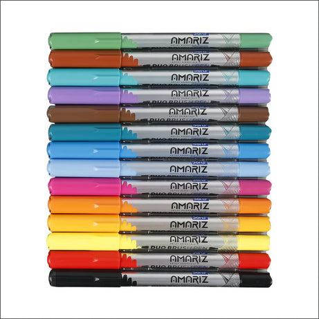 DOMS Amariz Duo Brush Pens – 14 Shades Soft & Hard Tip | Tin Pack