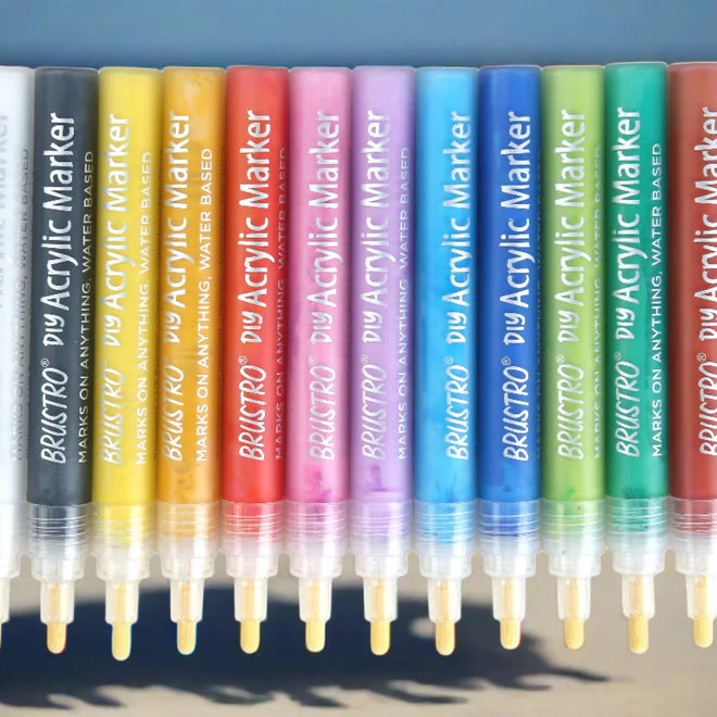 BRUSTRO DIY Acrylic Marker Set of 12 – Vibrant Colors for Art & Craft