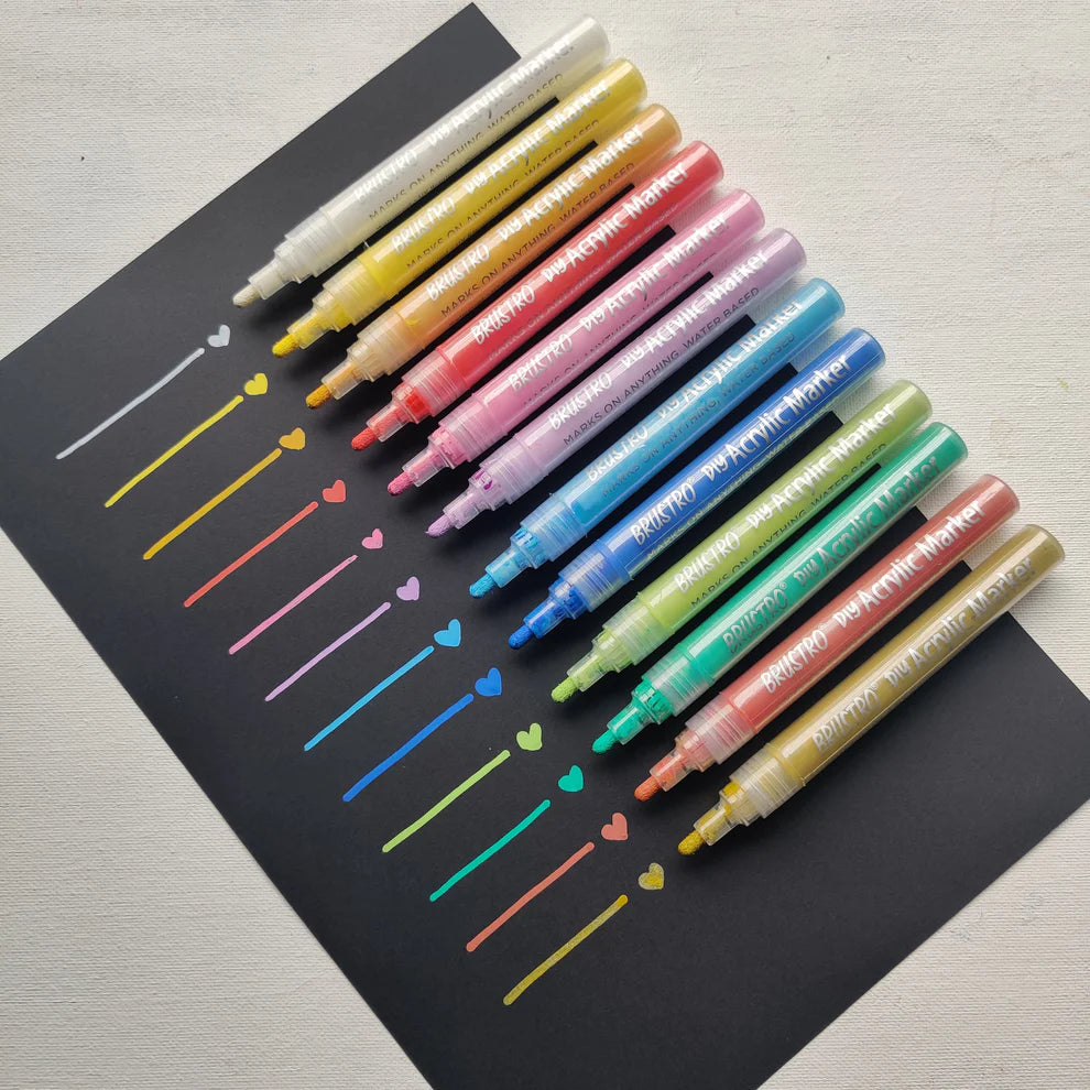 BRUSTRO DIY Acrylic Marker Set of 12 – Vibrant Colors for Art & Craft
