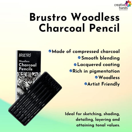 BRUSTRO WOODLESS CHARCOAL PENCILS-SET OF-6  (3 Soft, 2 Medium, 1 Hard)