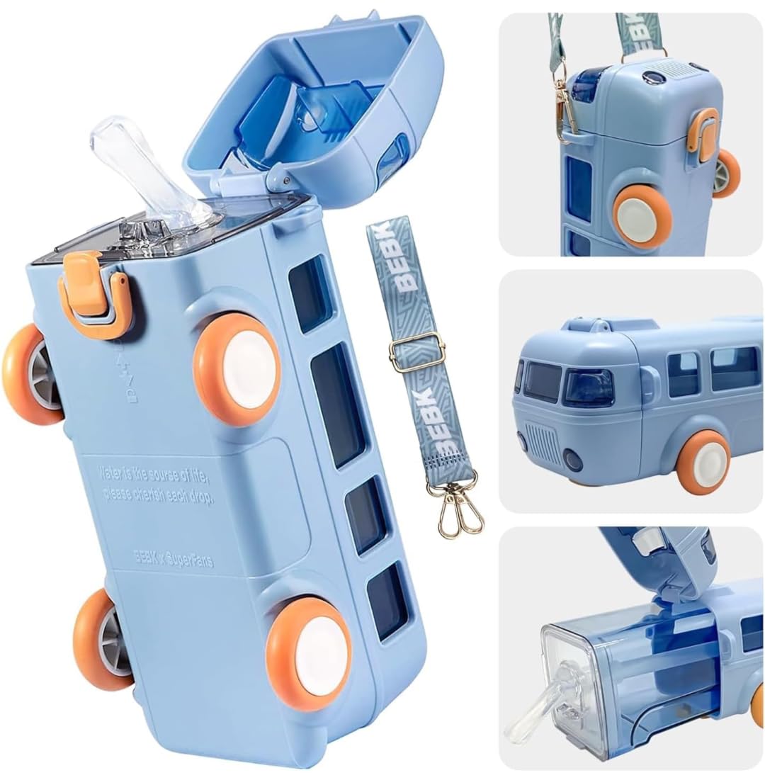 Blue Bus Water Bottle for Kids with Straw and Sipper – 500ml BPA-Free