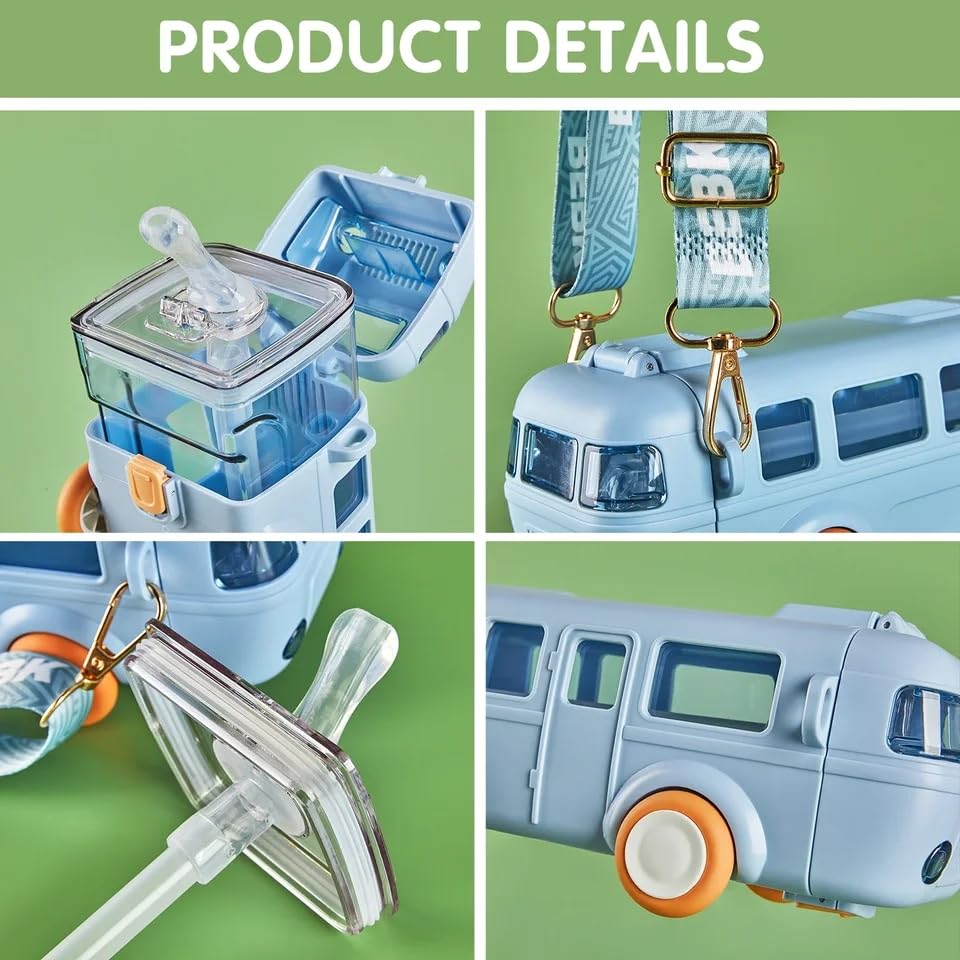 Blue Bus Water Bottle for Kids with Straw and Sipper – 500ml BPA-Free