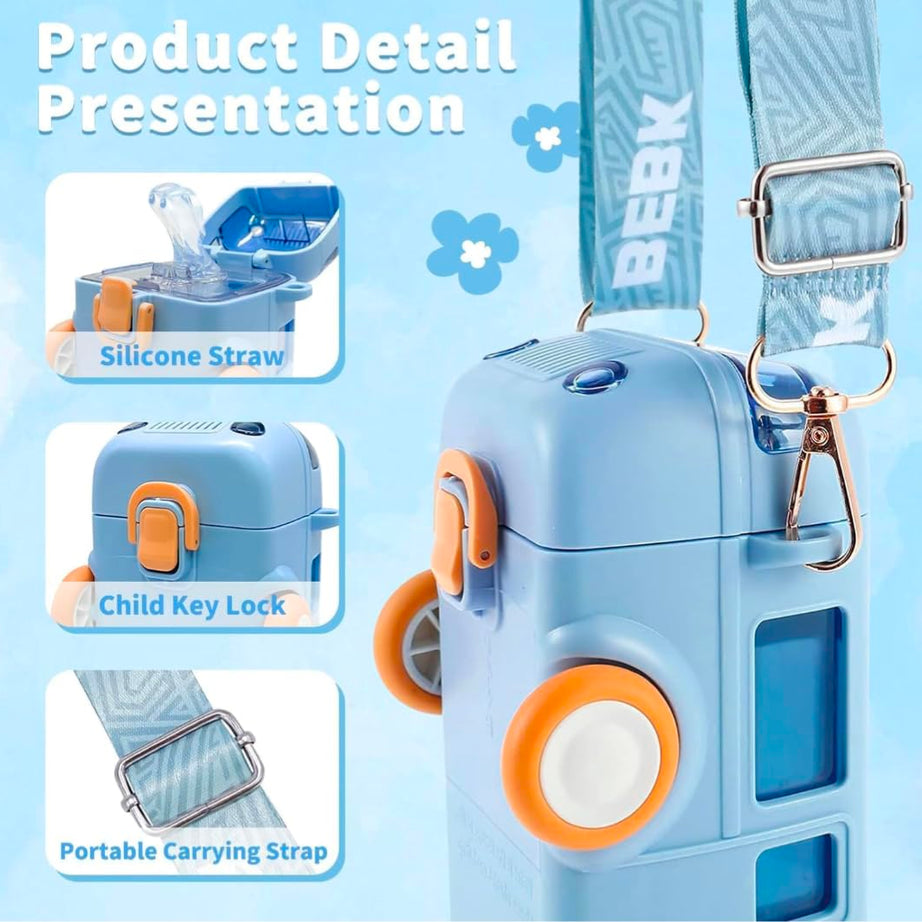 Blue Bus Water Bottle for Kids with Straw and Sipper – 500ml BPA-Free