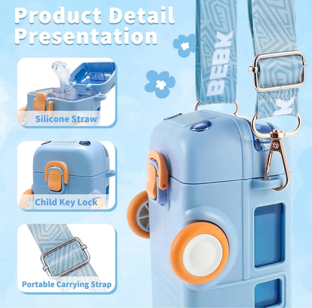 Blue Bus Water Bottle for Kids with Straw and Sipper – 500ml BPA-Free